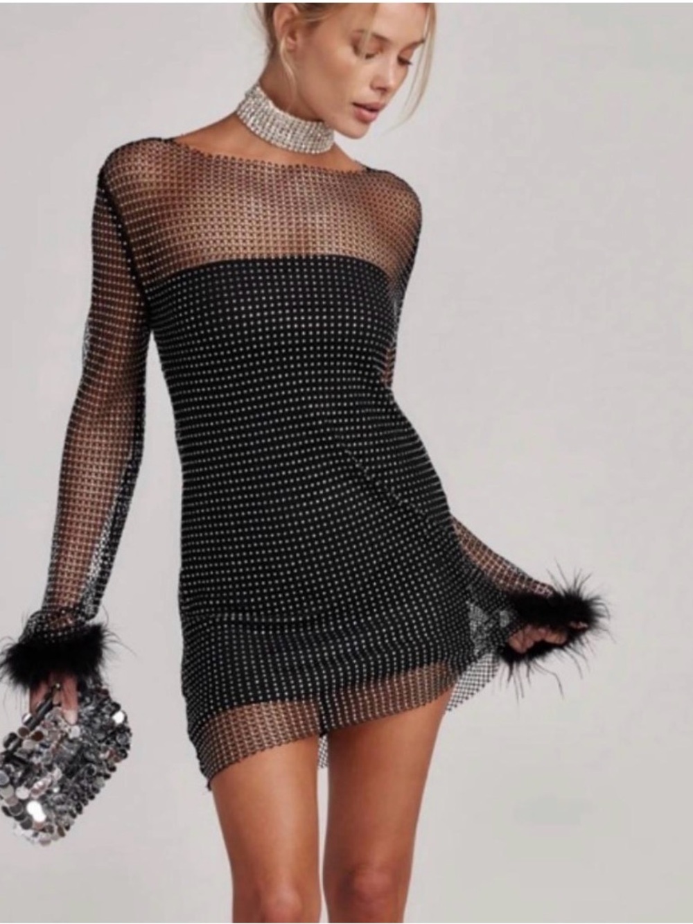 12th Tribe Black Rhinestone Mesh Mini Dress with Feather Cuffs